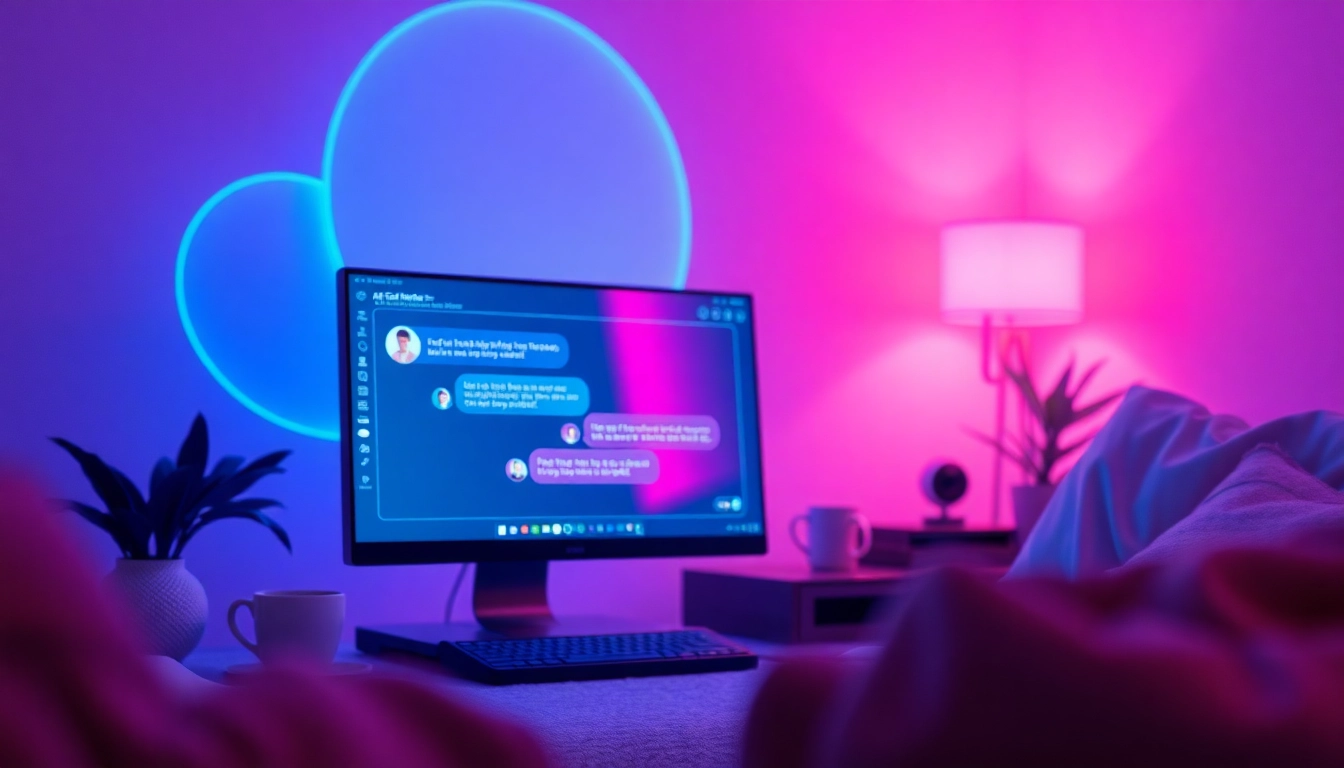 An inviting futuristic AI chat interface in a cozy room.