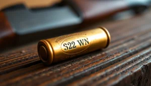 The .32 WIN cartridge highlighting its brass case and detailed engravings, showcasing firearm ammunition craftsmanship.