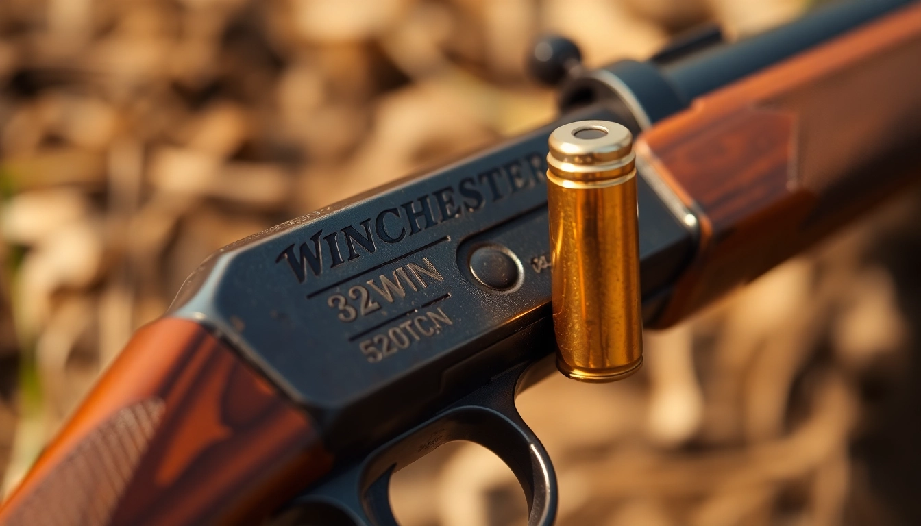 Action shot of a 32WIN cartridge being loaded into a classic lever-action rifle in outdoors setting, emphasizing firearm craftsmanship and historical appeal.