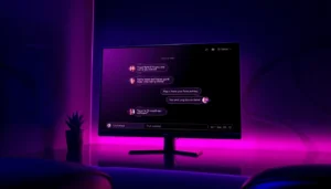 Futuristic AI chat interface with neon lighting and sensual digital conversation bubbles in a modern room setting.