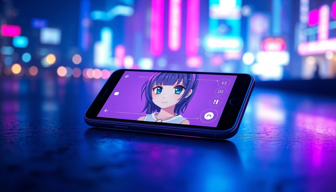 Futuristic smartphone displaying an AI sexting app interface with an anime-inspired character at night with neon city lights in the background.