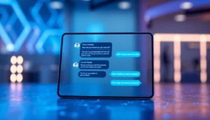 Digital interface of a chatbot conversation with a futuristic design and glowing accents.