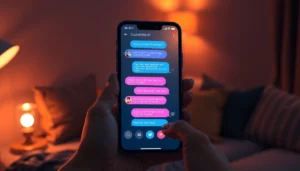 An illustration of a smartphone displaying a chat interface with an AI character, set in a cozy room with warm lighting and textured details.