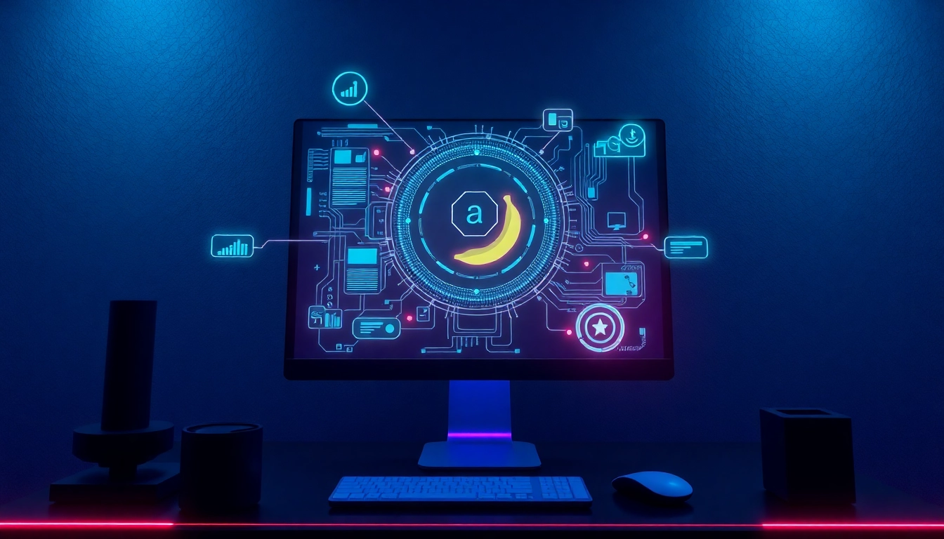 A futuristic AI interface with holographic elements and a user interacting with Nano Banana AI technology in a high-tech environment.
