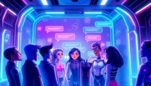 Digital illustration of diverse characters engaging in AI chat in a neon-lit virtual environment