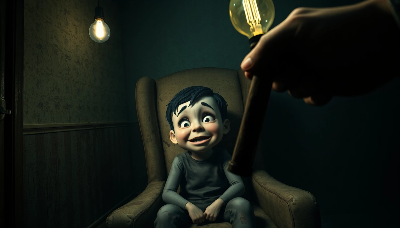 A disturbing scene showing Harvey in a dimly lit room with a weapon approaching him, evoking discomfort and moral tension.