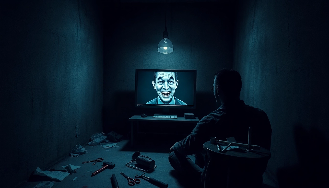 A distressed man watching a computer screen with a suffering cartoon character in a dark, grimy room, surrounded by violent tools and shadows.