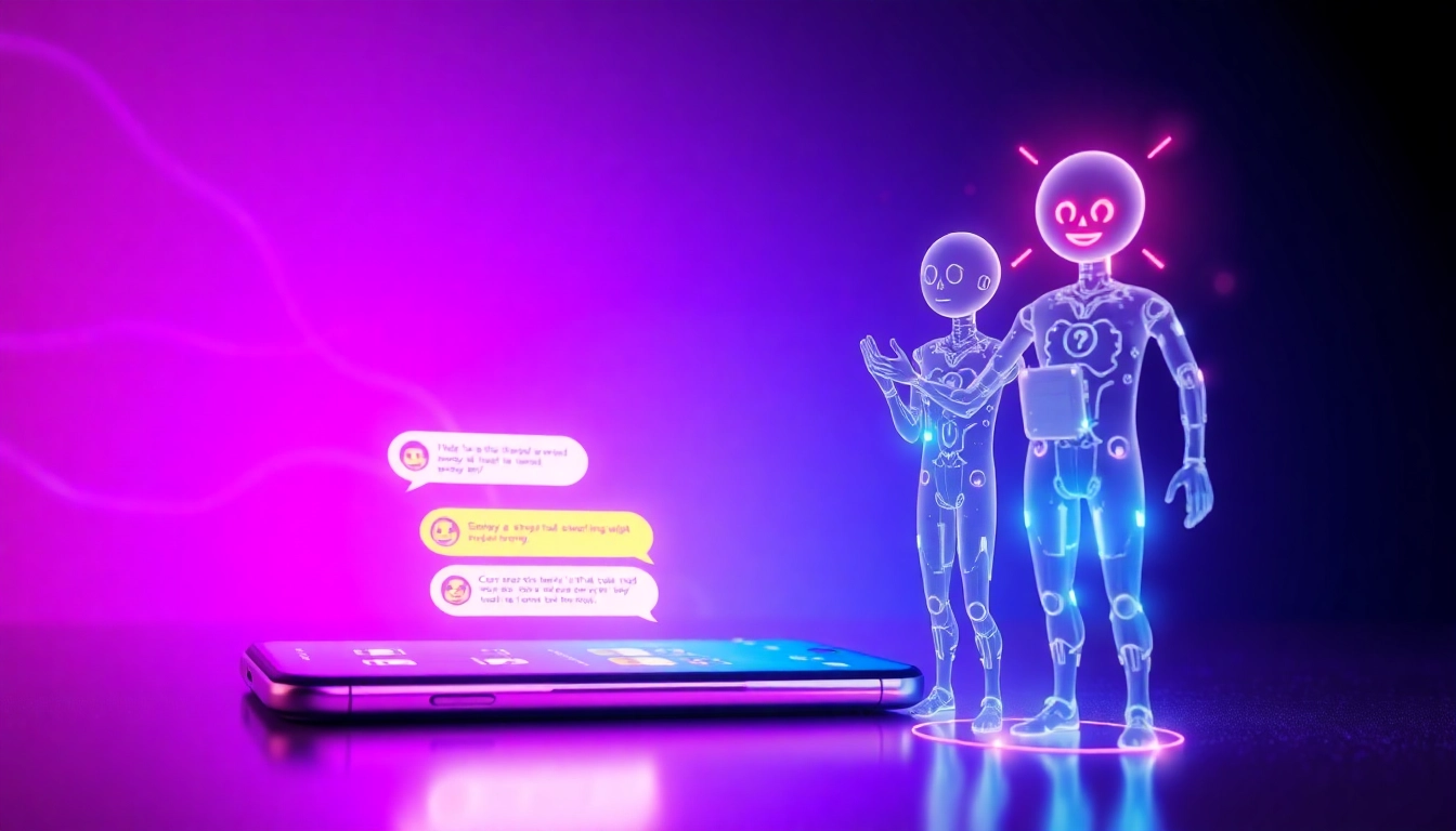 Futuristic chat interface with customizable AI characters and vibrant conversation bubbles on a smartphone screen.