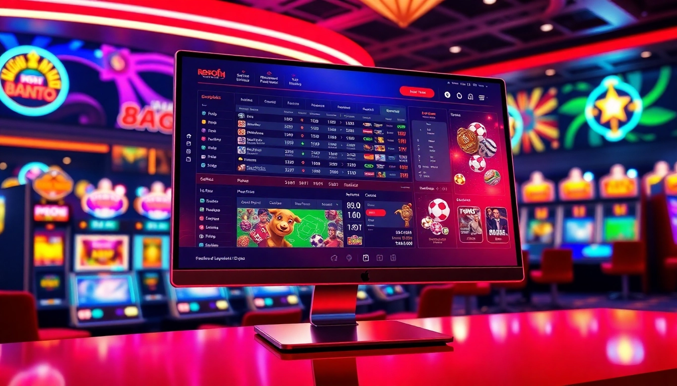 An illustration of an online sportsbook and casino platform with vibrant neon lighting and a dynamic gaming environment.