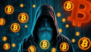 Satoshi Nakamoto's identity remains a cryptic legend in the world of cryptocurrencies, symbolized by a shadowy figure and Bitcoin motifs.