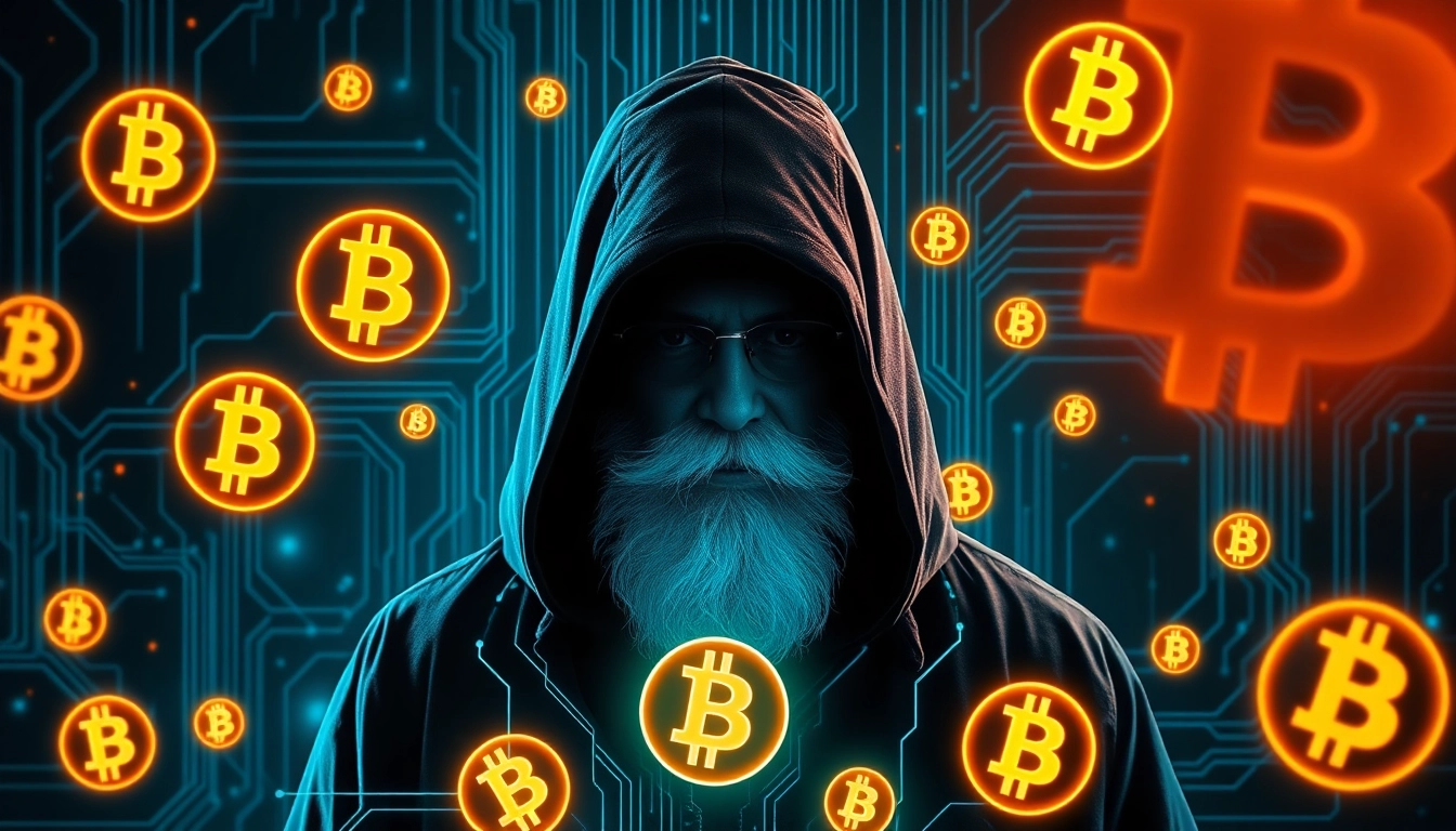 Satoshi Nakamoto's identity remains a cryptic legend in the world of cryptocurrencies, symbolized by a shadowy figure and Bitcoin motifs.