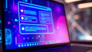 Futuristic AI chatbot interface with neon lights and digital code background