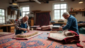 Professional team performing Restauro Tappeti milano on a delicate Persian rug, showcasing
