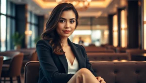 Elegant posing confidently in a modern setting, highlighting professionalism and allure for