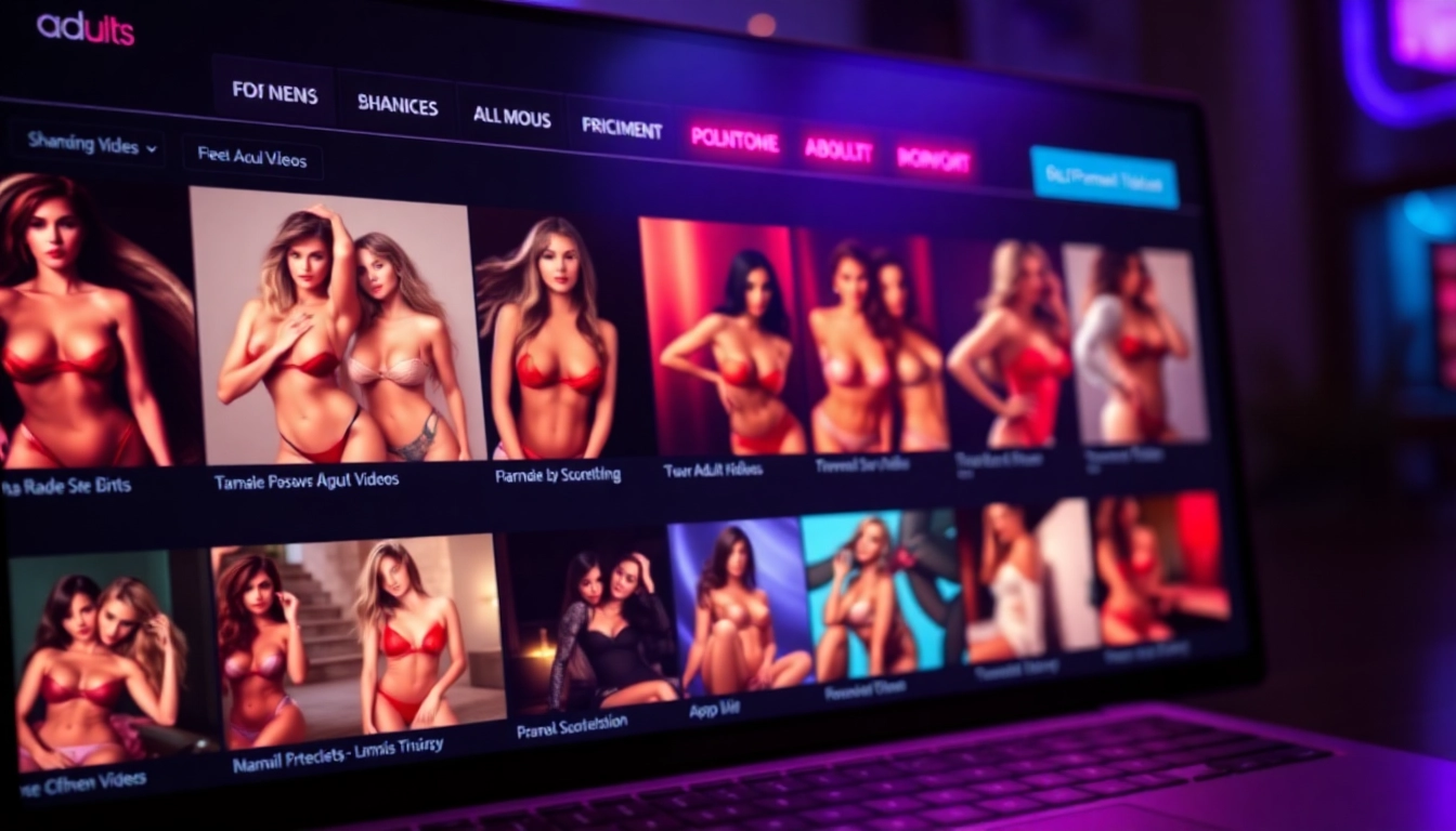 A modern adult website homepage with colorful thumbnails and a dark theme