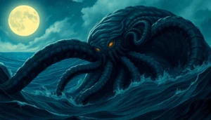 A detailed illustration of the with a colossal sea monster and glowing eyes emerging from ocean