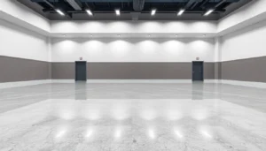 Professional team applying epoxy resin floor coating in a commercial space for a sleek durable