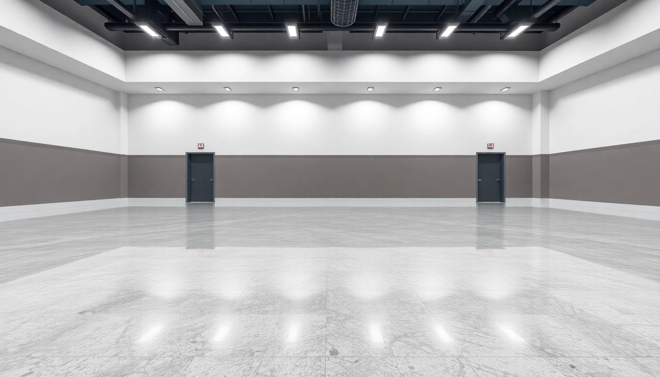 Professional team applying epoxy resin floor coating in a commercial space for a sleek durable