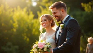 Skilled eskuvo fotos taking natural candid photos of a smiling couple during outdoor wedding